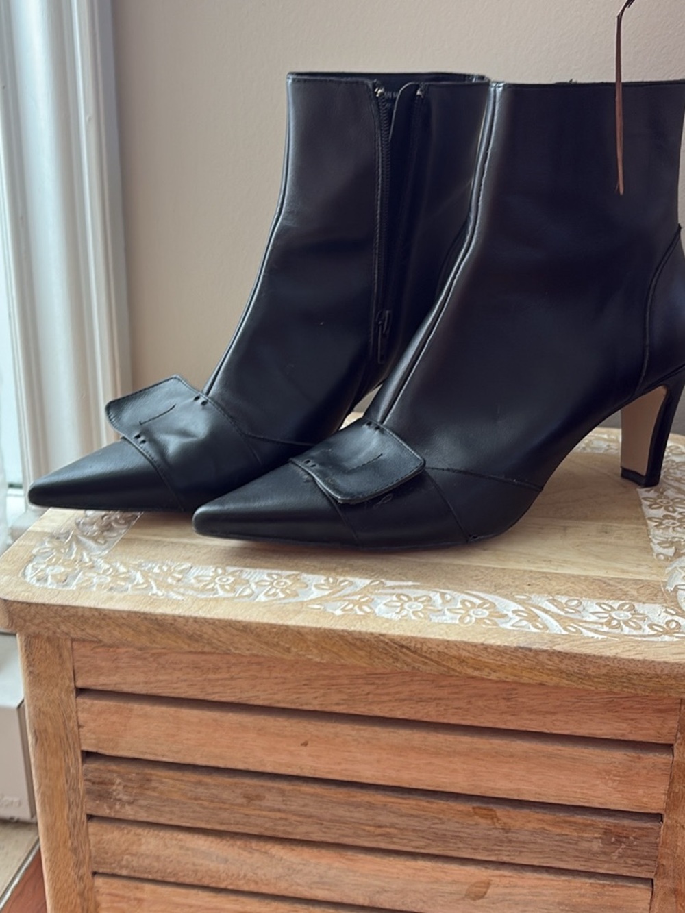 Mariana Black Pointed Toe Ankle Booties with Front Flap